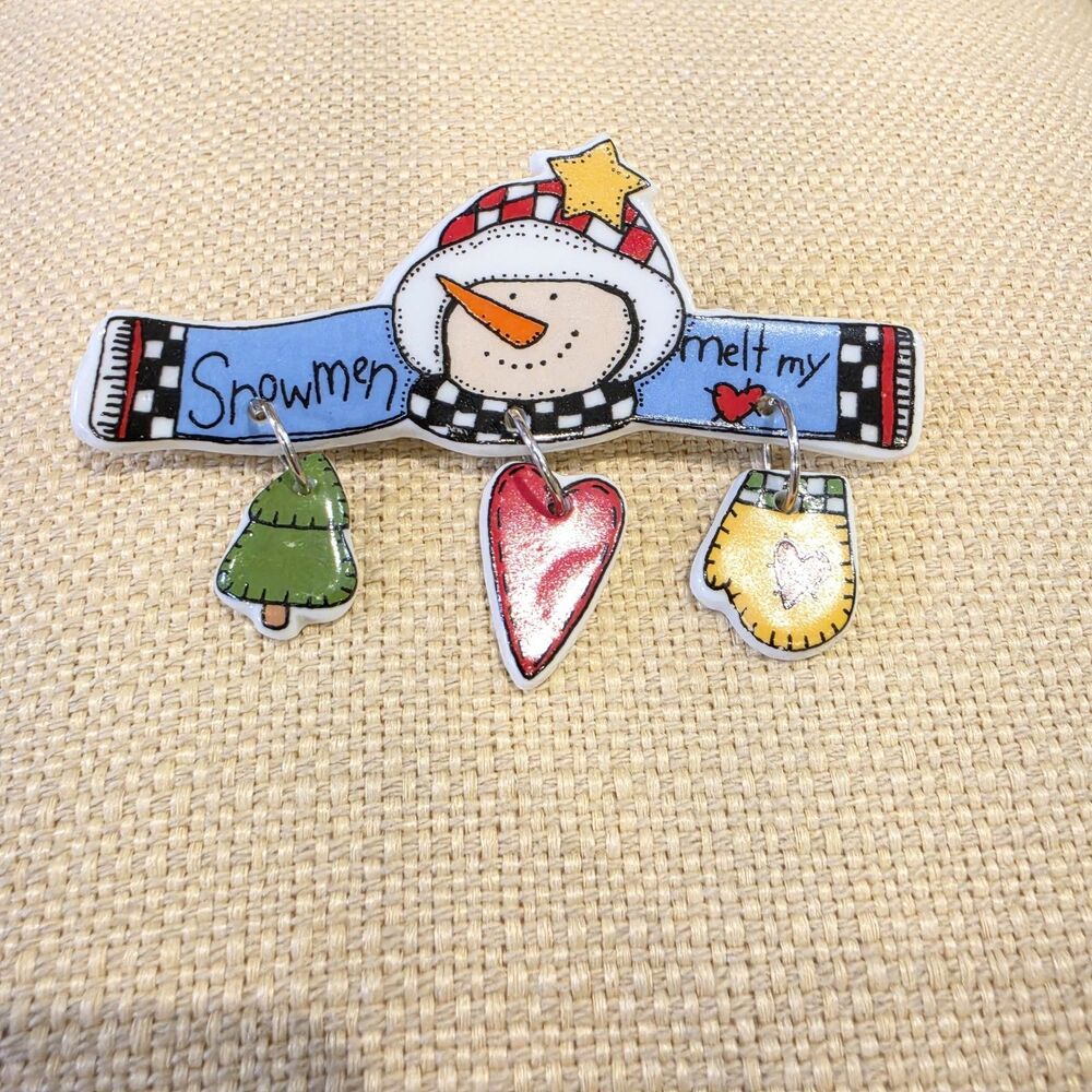 Snowman Christmas Dangle Brooch  Multicolor Heart Tree Mittens 3" wide handmade